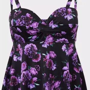 Black and Purple Floral Bustier Push-up Camisole w/Tie Front Swim Top 1F XL/1X